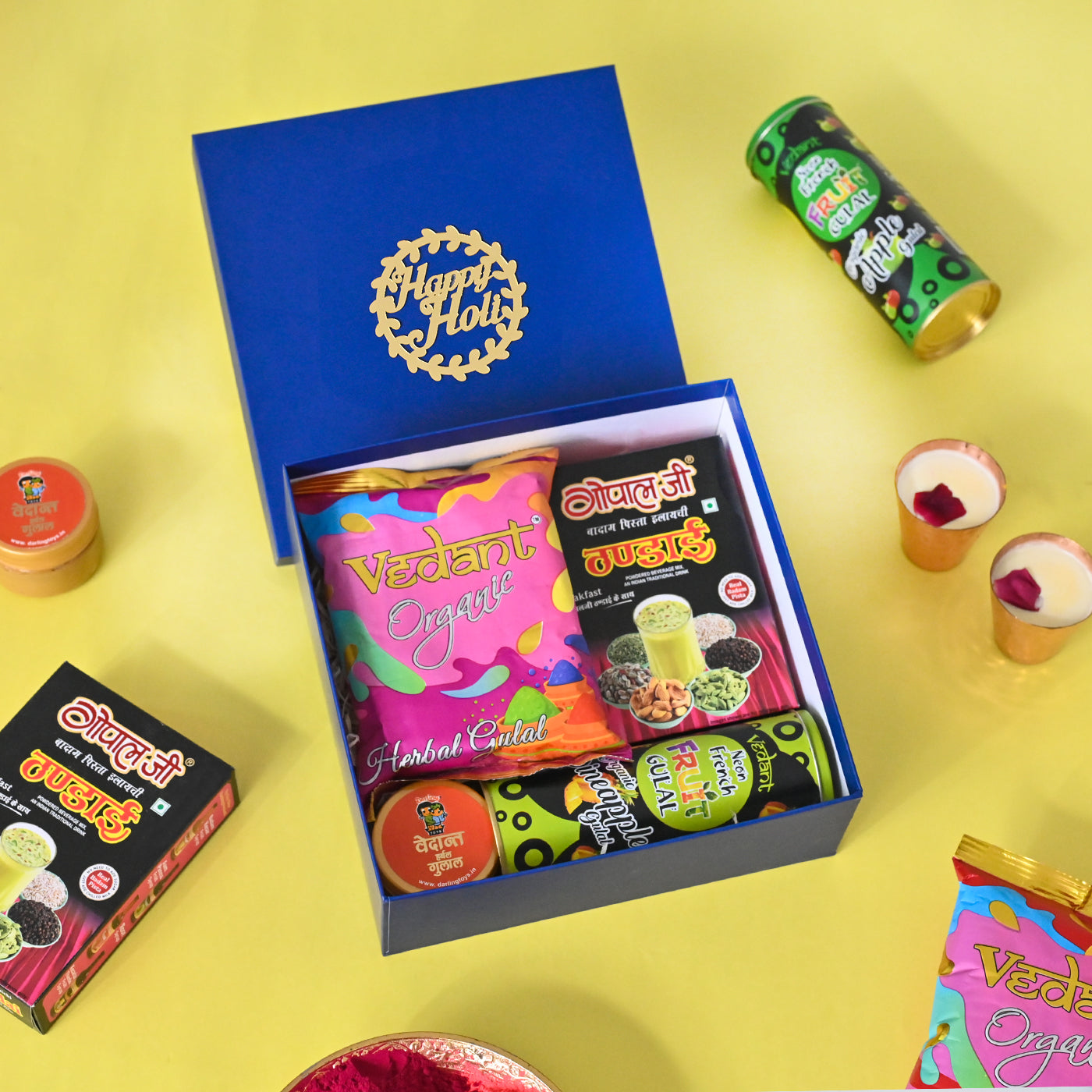 Holi Gift Hamper Thandai, Herbal Gulal ,Chandan,Organic Fruit Gulal Holi Gift Box