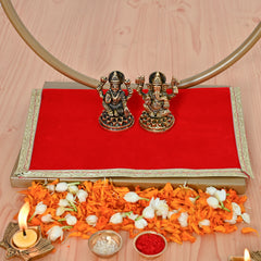 Premium Diwali Combo with Backdrop frame ,Pooja Aasan, Brass Laxmi Ganesh and Brass Lotus Diya - (Set of 4)