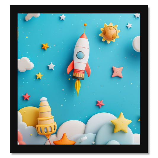 Rocket Printed Wall Frame for Wall Decoration Wall Poster Frame for Kids Bedroom Living Room Home Decor Gift for Birthday Kids Boys and Girls