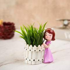 Cute Girl With White Basket Succulent Planter For  Home Garden Office Desktop