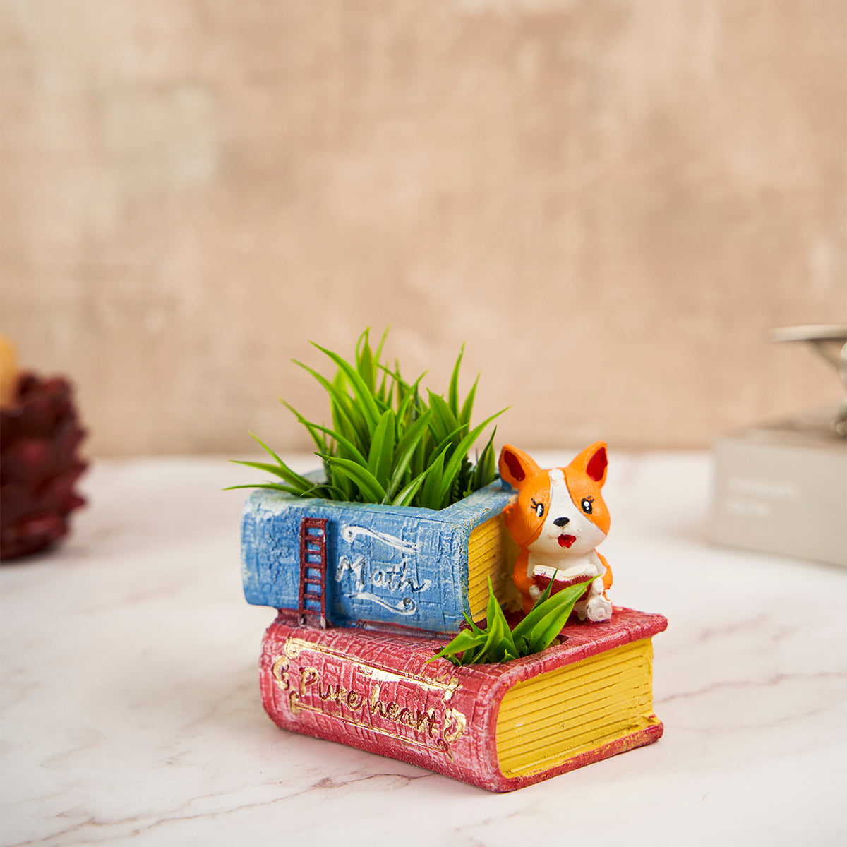 Handcrafted Puppy With Book Succulent Planter For  Home Garden Office Desktop