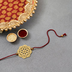 Brass Round Mandala Big Floral Design Rakhi Cum Keychain Cum Bookmark (Single)