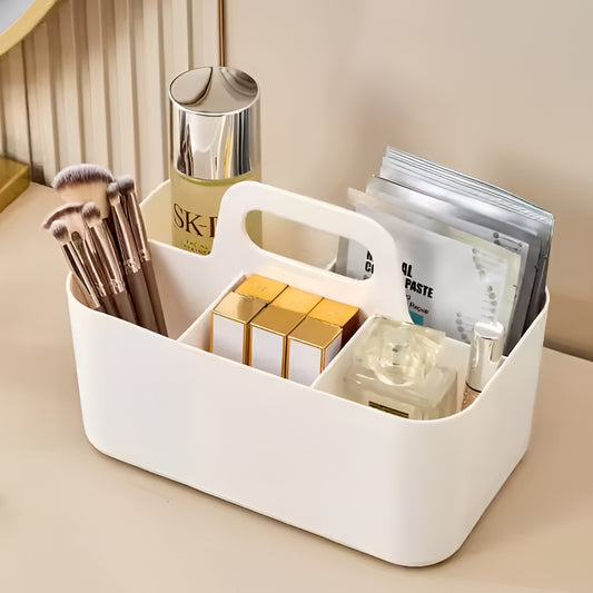 Multi-functional Plastic Desk and Bathroom Organizer 5 Compartments for Cosmetics, Pens, Pencils, and Toothpaste (White)