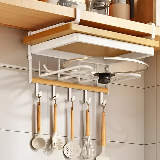 Multifunctional Kitchen Wall Organizer with Pot Lid Holder | 5 Hooks Space-Saving Utensil Hanger for Cooking, Bathroom (24cm x 19cm x27cm) White