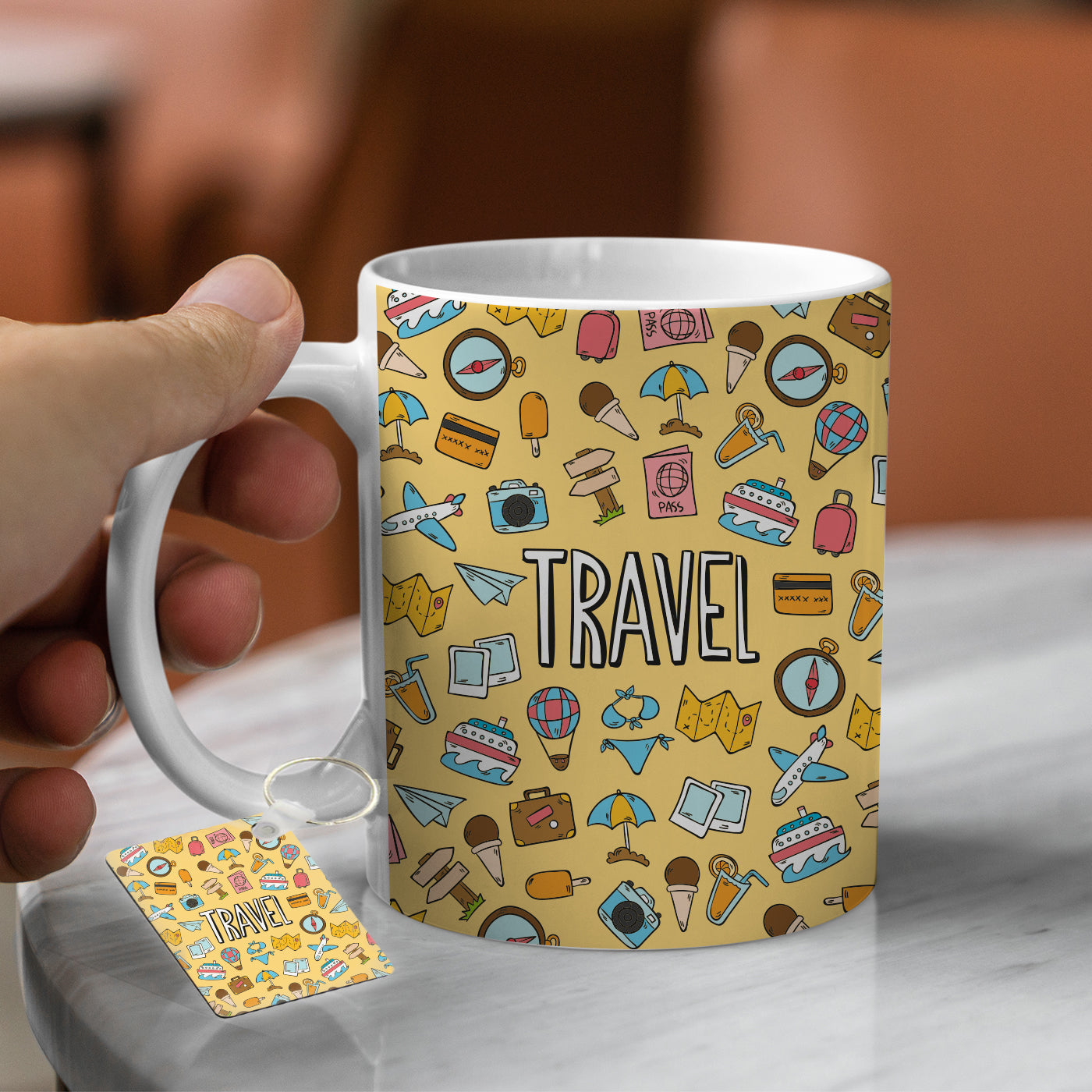 TRAVEL Coffee Mug & Keychain Special Unique , Birthday, Wedding, Anniversary Gifts