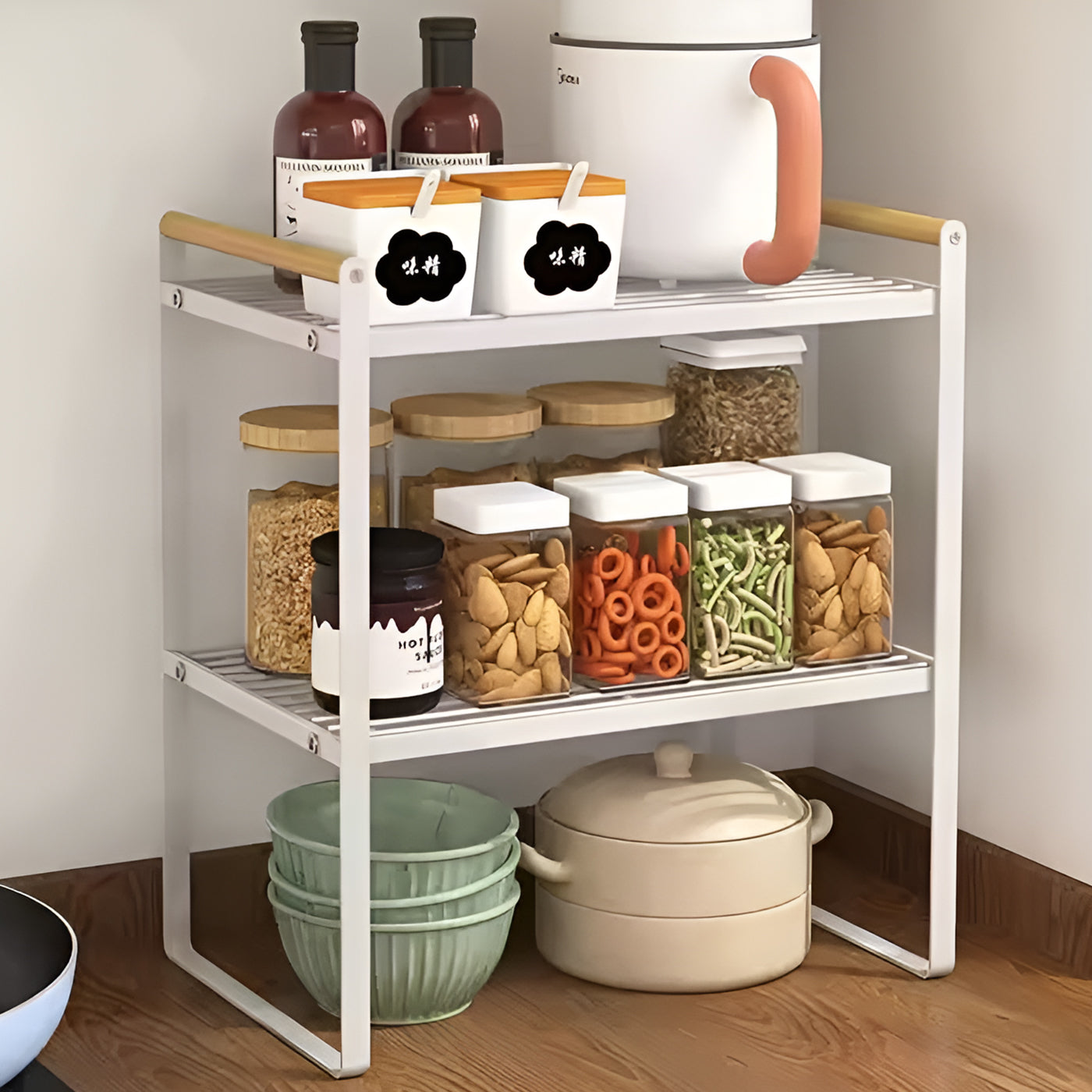 2 Tier Metal Cabinet Organizer Kitchen Storage Rack with Wooden Handles (White)