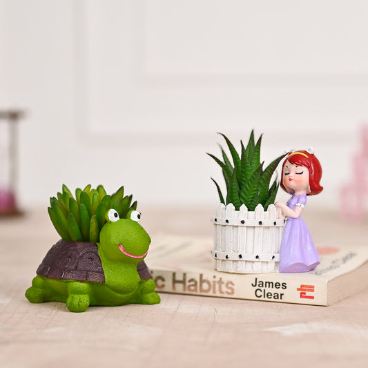 Cute Tortoise and Cute Girl white basket Succulent Planter For Home Garden Office Desktop