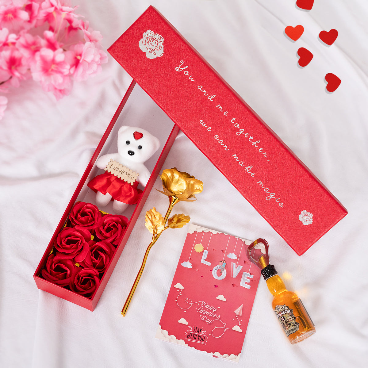 Artificial Rose Flower with Teddy Gift Box, Assorted Greeting Card, Bottle Opener Combo Gift