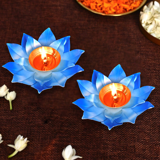 Lotus Shaped Blue Metal Diya (Set of 2)