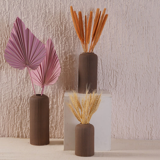 RIBBED VASE BROWN SET OF 3