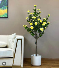 Beautiful Artificial Camellia Rose Flower Plant in a Pot for Interior Decor/Home Decor/Office Decor (160 cm Tall, Yellow)