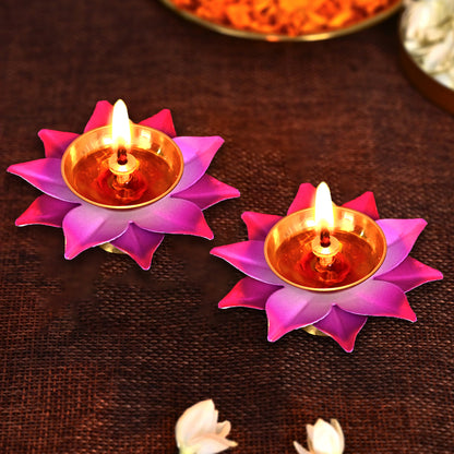 Lotus Shaped Brass Pink Diya For Home Décoration / Office Décoration (Set of 2)