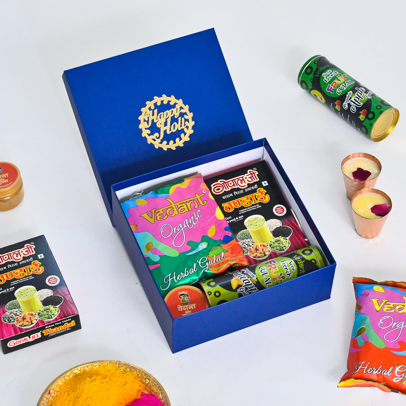 Holi Gift Hamper Thandai, Herbal Gulal ,Chandan,Organic Fruit Gulal Holi Gift Box