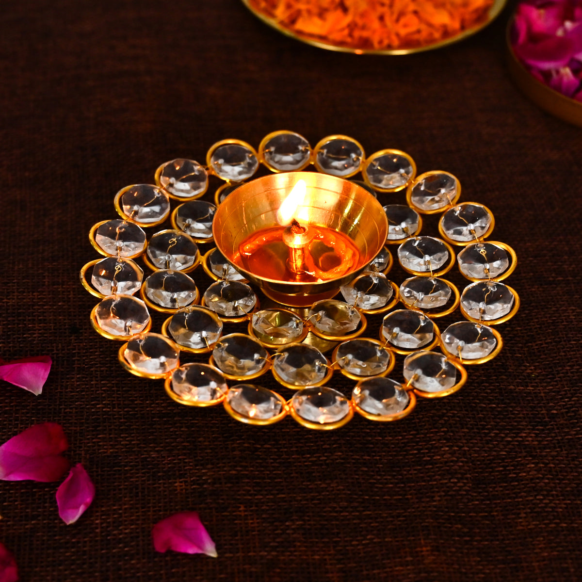 Small Crystal Akhand Diya Brass Oil Puja Lamp for Home and Office