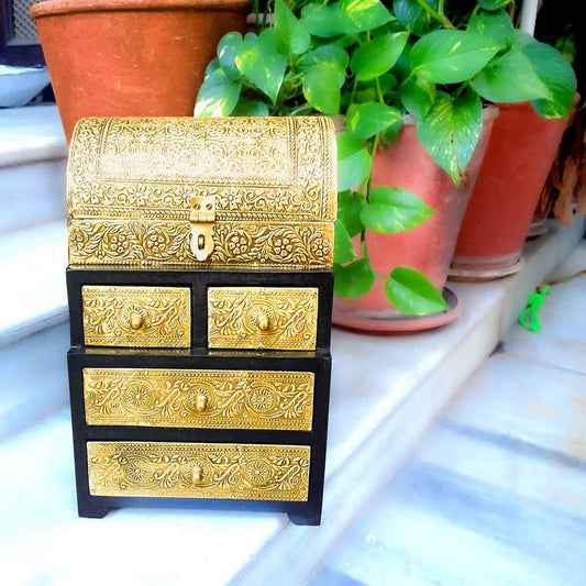 Vintage Jewelry Box Brass  Wooden Chest With 5 Drawers