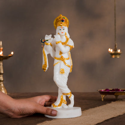 White Marble Dust Lord Krishna with Flute Idol Statue - White and GOLD