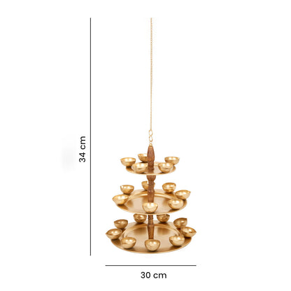 Golden Metal & Wood 3 Layered Hanging Tea Light Holder With 21 Diyas