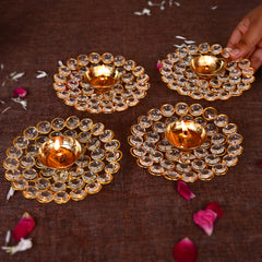 Small Crystal Akhand Diya Brass Oil Puja Lamp for Home and Office (Set of 4)