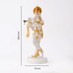 White Marble Dust Lord Krishna with Flute Idol Statue - White and GOLD