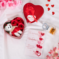 Heart Shape Box with Teddy and Red Rose Flowers, Assorted Greeting Card, Bottle Opener Combo