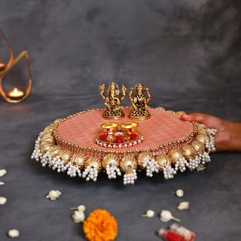 Diwali Pooja Thali with  Brass Ganesh and Laxmi Idol and  Roli, Chawal platter - Orange and Purple