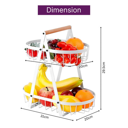 2-Tier Multifunctional Fruit Basket | Metal Fruit Holder Vegetable Basket for Kitchen Counter (White)