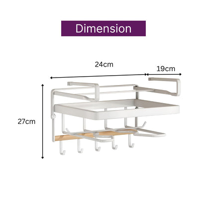 Multifunctional Kitchen Wall Organizer with Pot Lid Holder | 5 Hooks Space-Saving Utensil Hanger for Cooking, Bathroom (24cm x 19cm x27cm) White