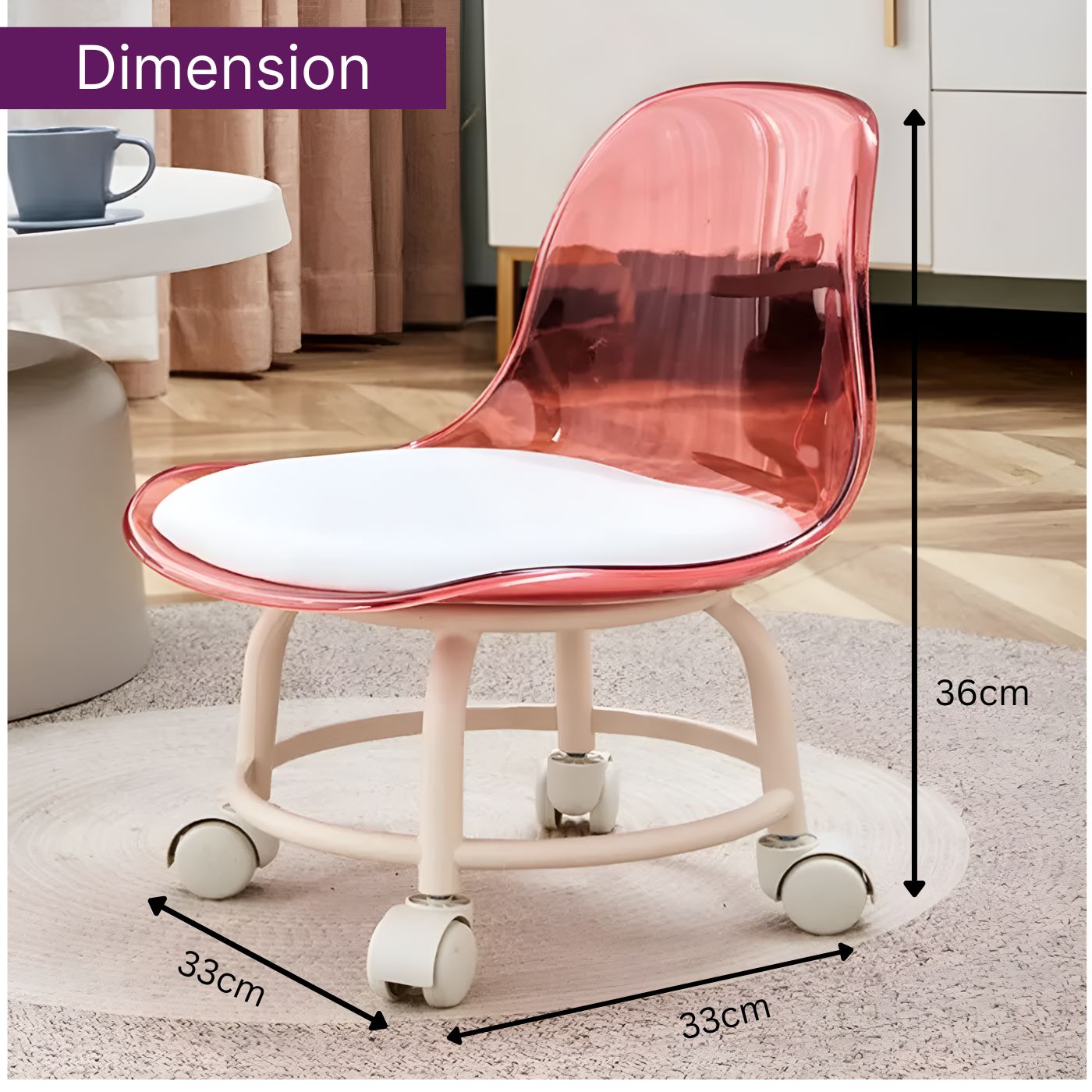 Sitting Stool with Wheels (Size: 33 * 33 * 36 cm) | Stool for Indoor Or Outdoor | Plastic Non-Slip Lightweight Stool | Chair for Office & Home (Light Pink)