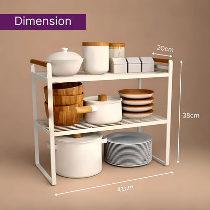 2 Tier Metal Cabinet Organizer Kitchen Storage Rack with Wooden Handles (White)