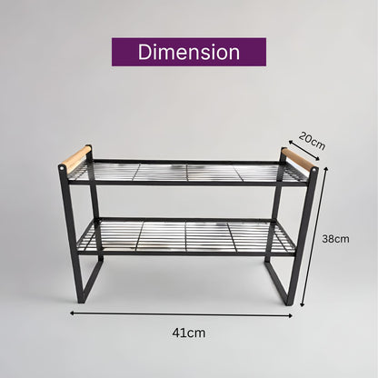 2 Tier Metal Cabinet Organizer Kitchen Storage Rack with Wooden Handles (Black)