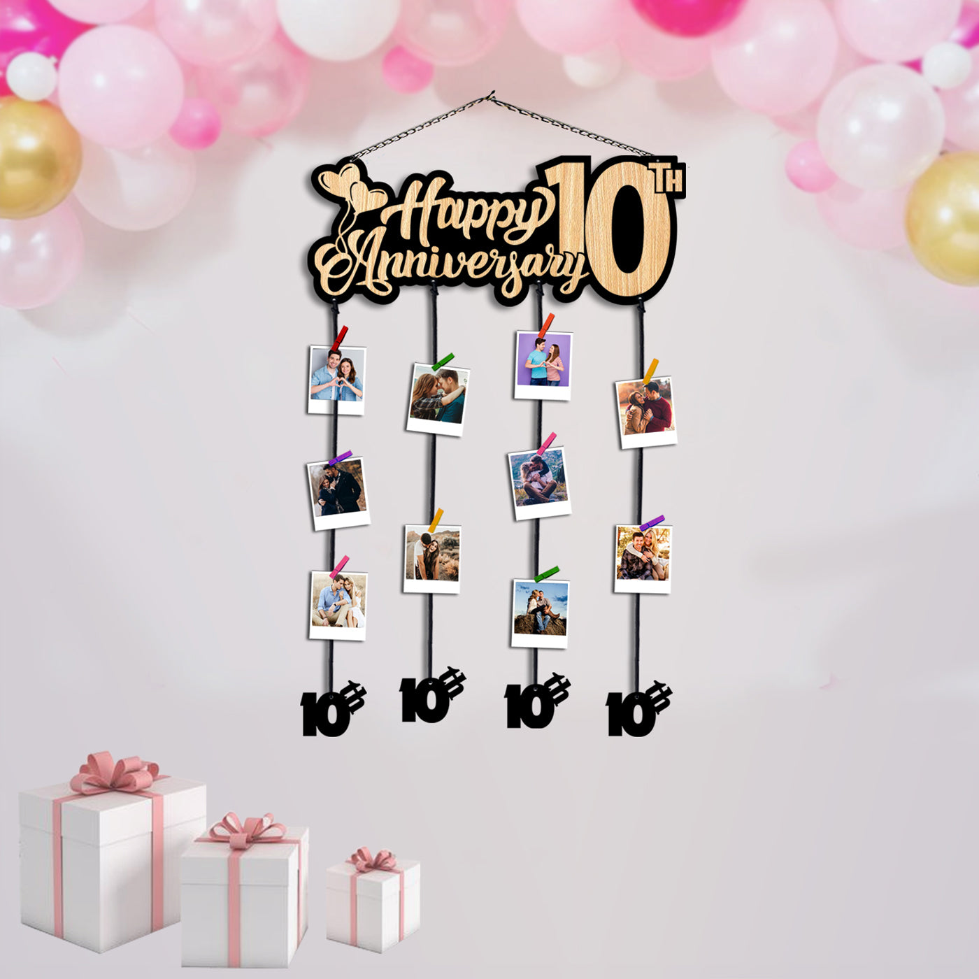 Happy 10th anniversary tassle photo frame | hanging photo frame | collage photo frame | frame with multiple pockets | gifting | home decor | wall decor | wall hanging