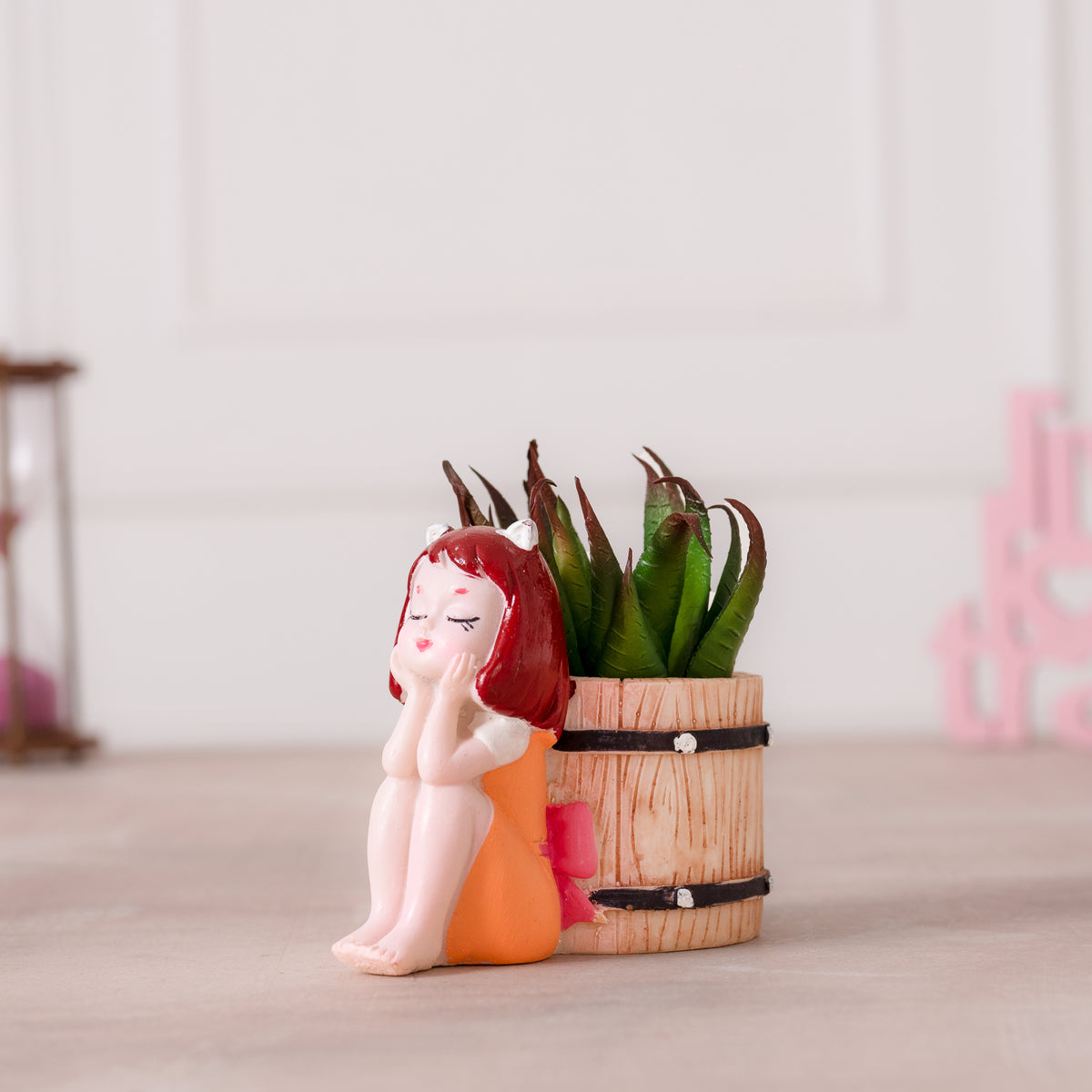 Cute Orange Basket Girl Succulent Planter with Plants For Home Garden Office Desktop