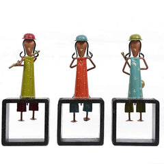 Wooden Lady Musician Human Figurine, Set of 3