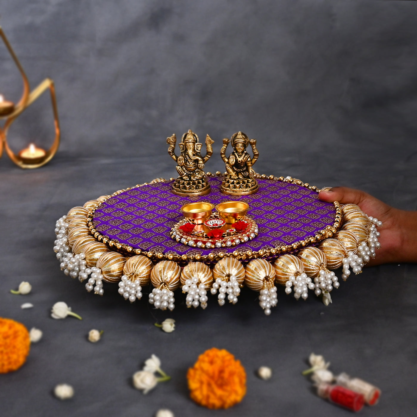 Diwali Pooja Thali with  Brass Ganesh and Laxmi Idol and  Roli, Chawal platter - Orange and Purple