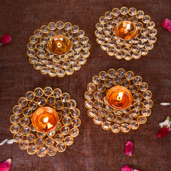 Small Crystal Akhand Diya Brass Oil Puja Lamp for Home and Office (Set of 4)