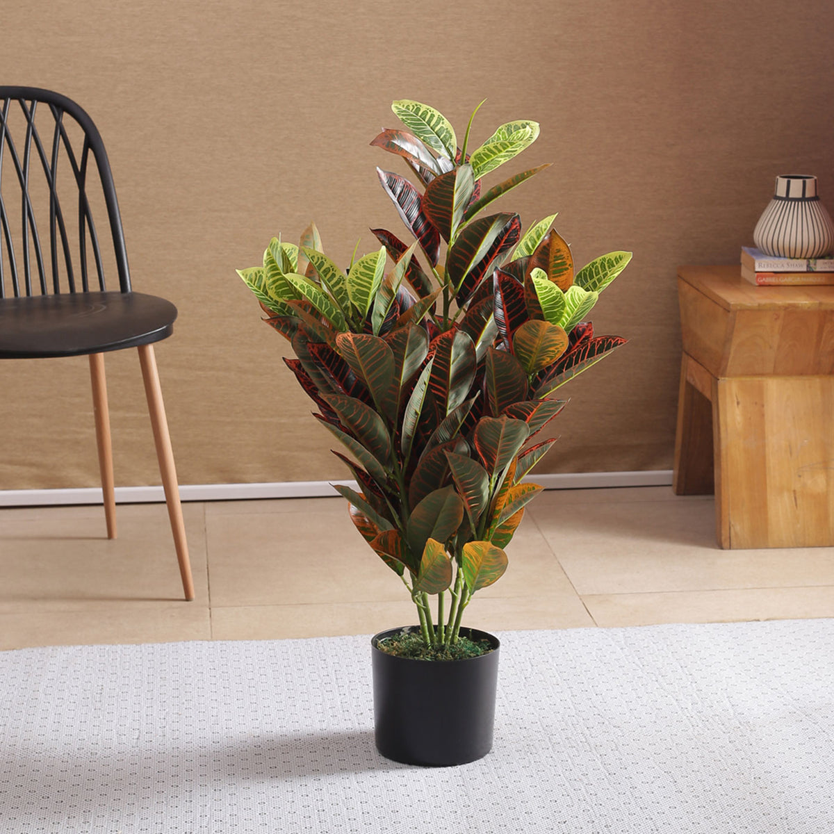 Artificial Real Touch Croton Plant | Ornamental Plant for Interior Decor/Home Decor/Office Decor | with Basic Black Pot | 85 cm Short Indoor Tropical Plant | Durable