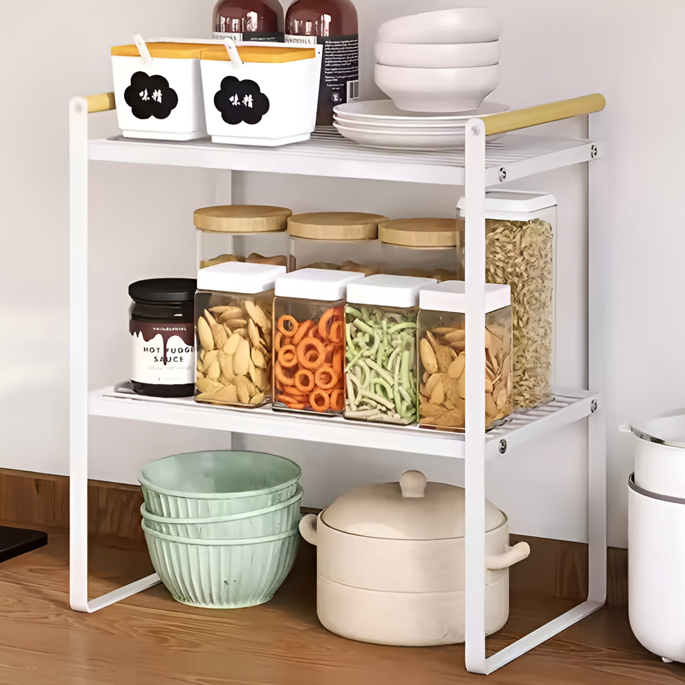 2 Tier Metal Cabinet Organizer Kitchen Storage Rack with Wooden Handles (White)