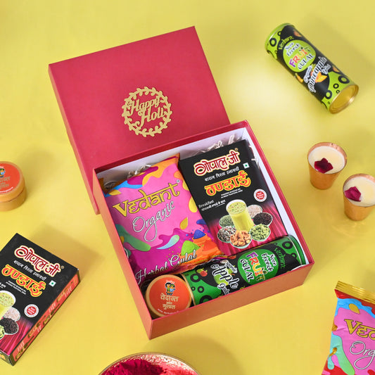 Holi Gift Hamper Thandai, Herbal Gulal ,Chandan,Organic Fruit Gulal Holi Gift Box