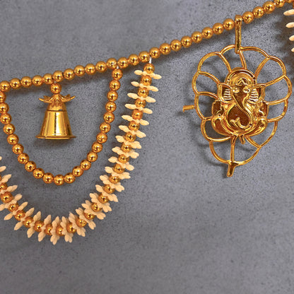 Decorative Hand-Woven Flower Toran with Bell and Lord Ganesha