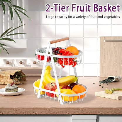 2-Tier Multifunctional Fruit Basket | Metal Fruit Holder Vegetable Basket for Kitchen Counter (White)