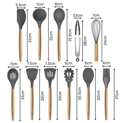 11-Piece Silicone Spatula Set | Heat-Resistant, Non-Stick & BPA-Free | Food-Grade Kitchen Utensils with Wooden Handle | Perfect for Cooking, Baking, Mixing & Serving (Grey)