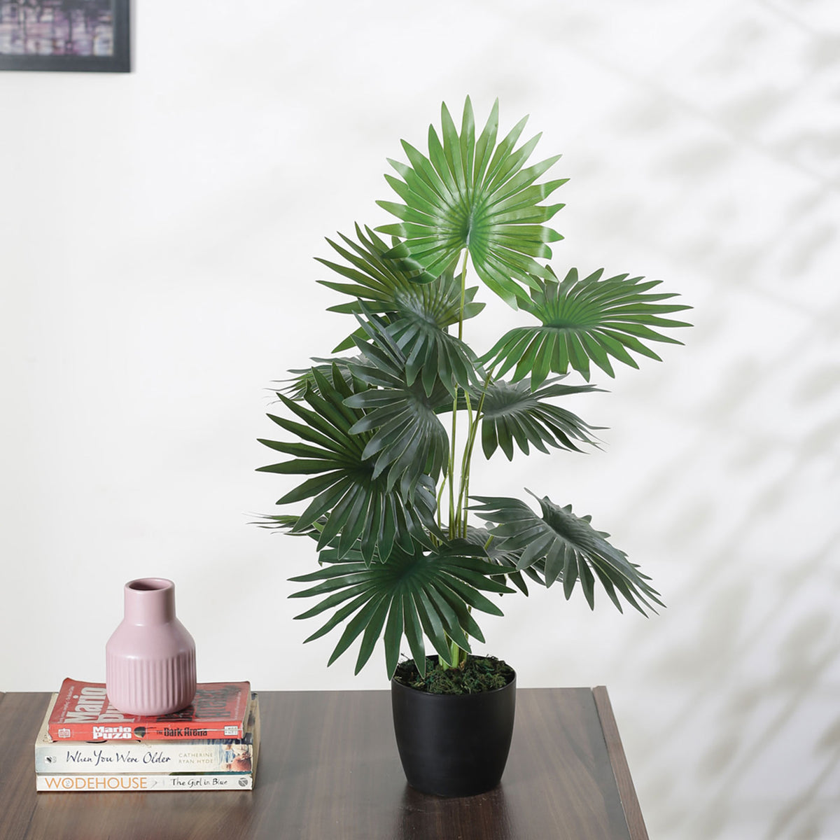 Artificial Palm Plant for Home Decor/Office Decor/Gifting | 12 Leaves | with Basic Black Pot | Natural Looking Indoor Plant (Green)