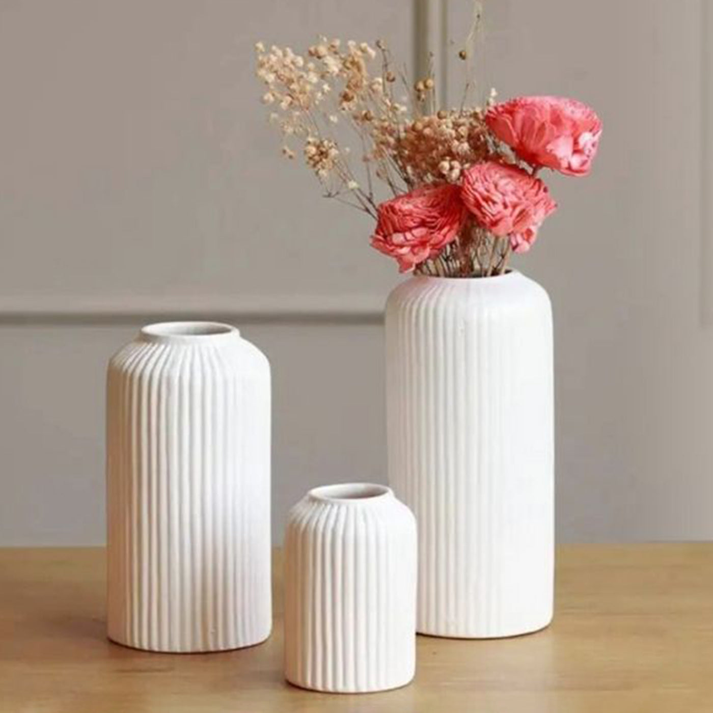 3 White Ribbed Vase Combo