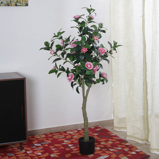 Beautiful Artificial Camellia Flower Plant in a Black Pot for Interior Decor/Home Decor/Office Decor (150 cm Tall, Pink)