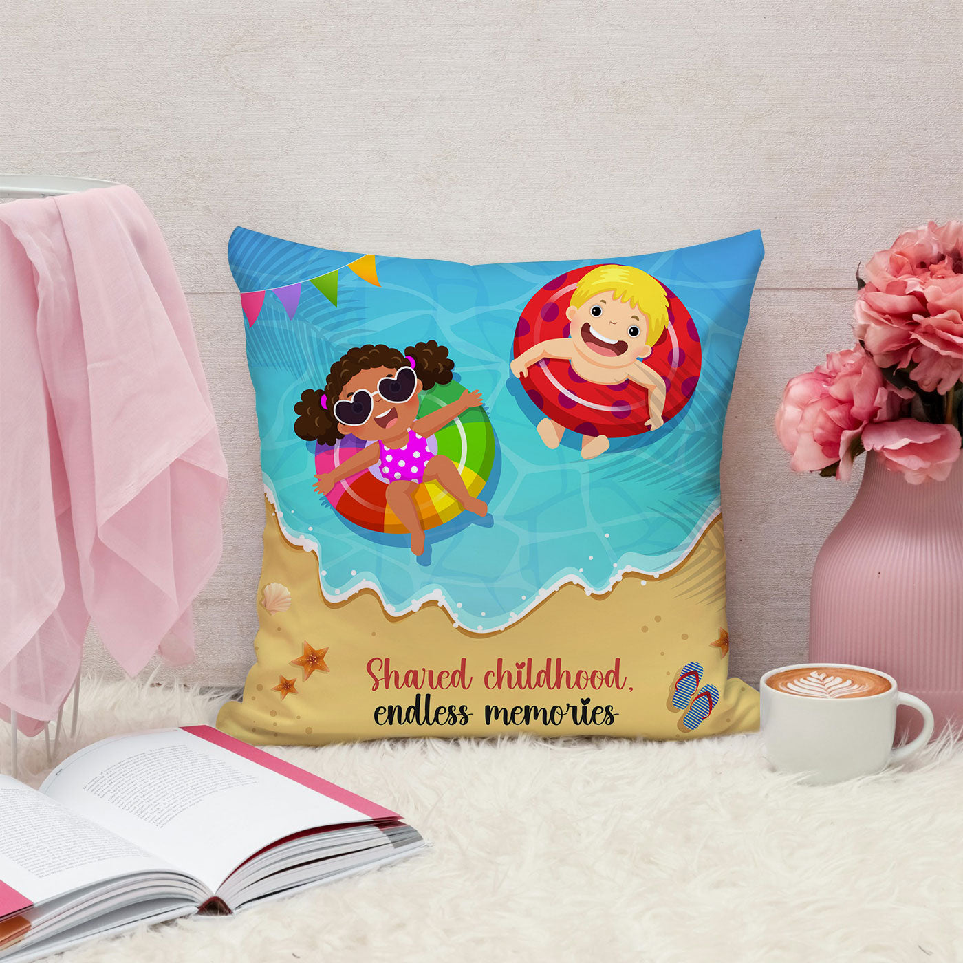 Shared childhood endless memories Printed Cushion Gift for Birthday, Kids Room, Living Room, or Bedroom Throw Pillow