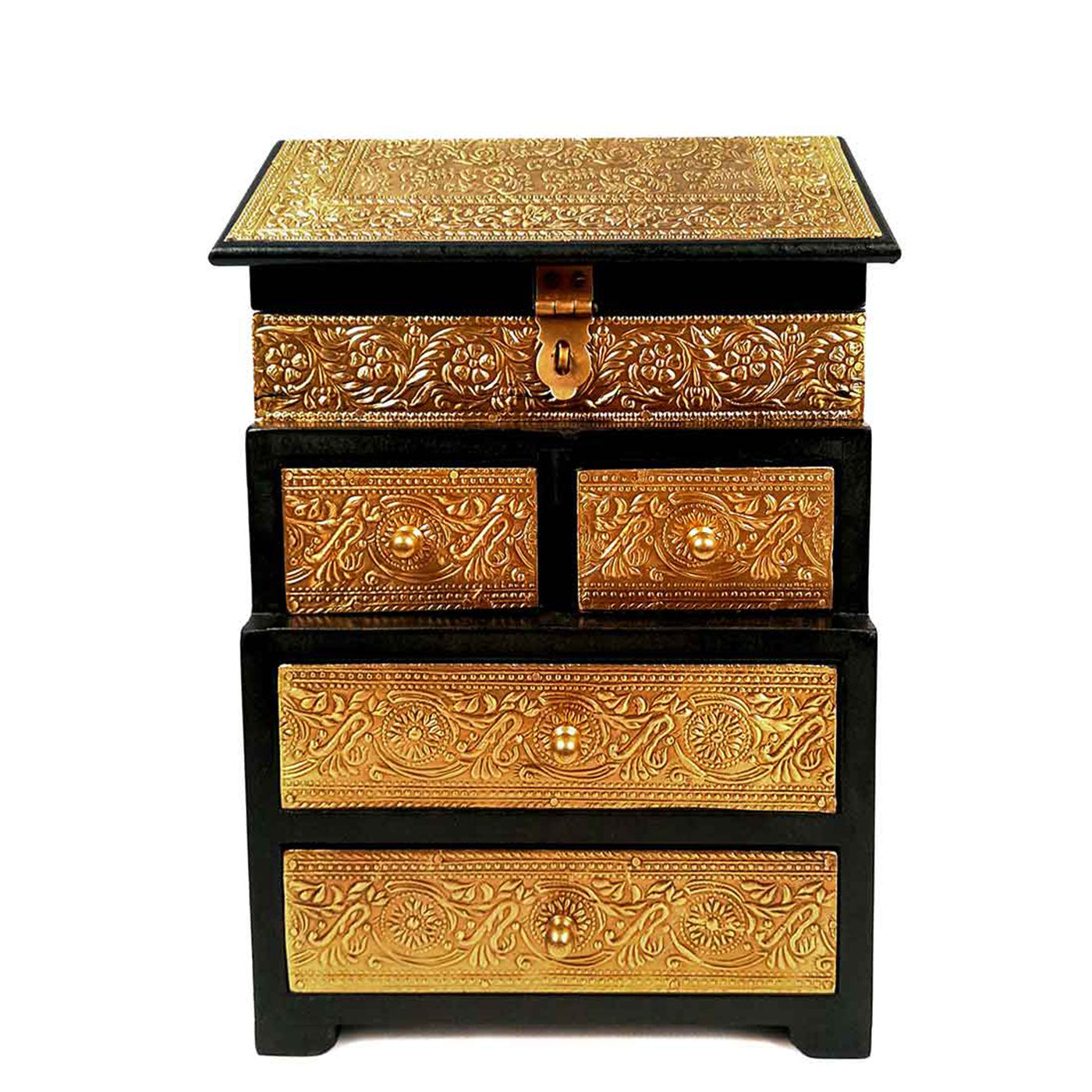 Vintage Jewelry Box Brass  Wooden Chest With 5 Drawers