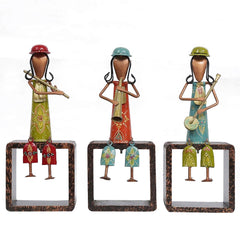 Wooden Lady Musician Human Figurine, Set of 3
