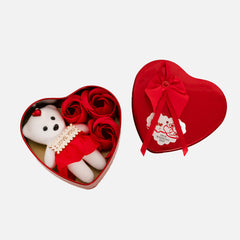 Heart Shape Box with Teddy and Red Rose Flowers, Assorted Greeting Card, Bottle Opener Combo