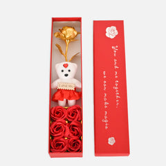 Artificial Rose Flower with Teddy Gift Box, Assorted Greeting Card, Bottle Opener Combo Gift