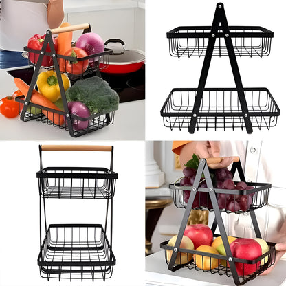 2-Tier Multifunctional Fruit Basket | Metal Fruit Holder Vegetable Basket for Kitchen Counter (Black)
